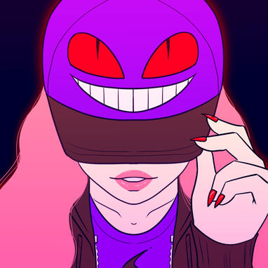 A pink-haired girl with her eyes obscured by a hat with the face of the Pokemon Gengar